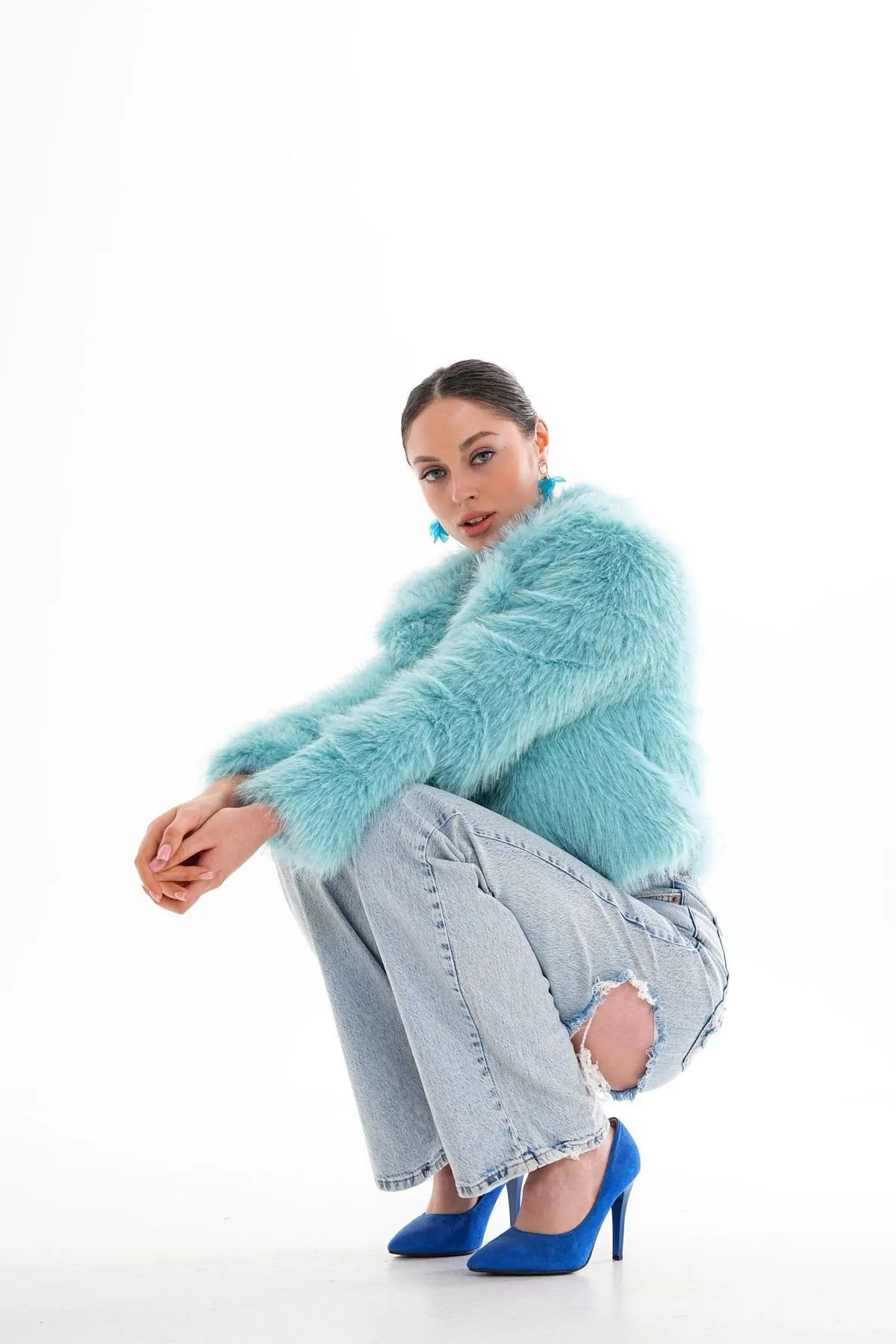 Crop Cut Faux Fur Coat – Baby Blue