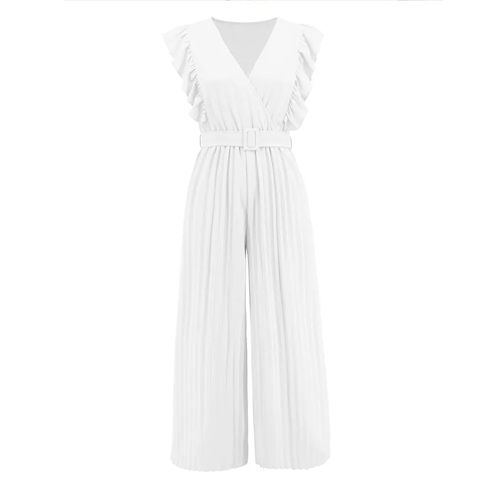 Elegant V-Neck Sleeveless wide Leg Solid Jumpsuit