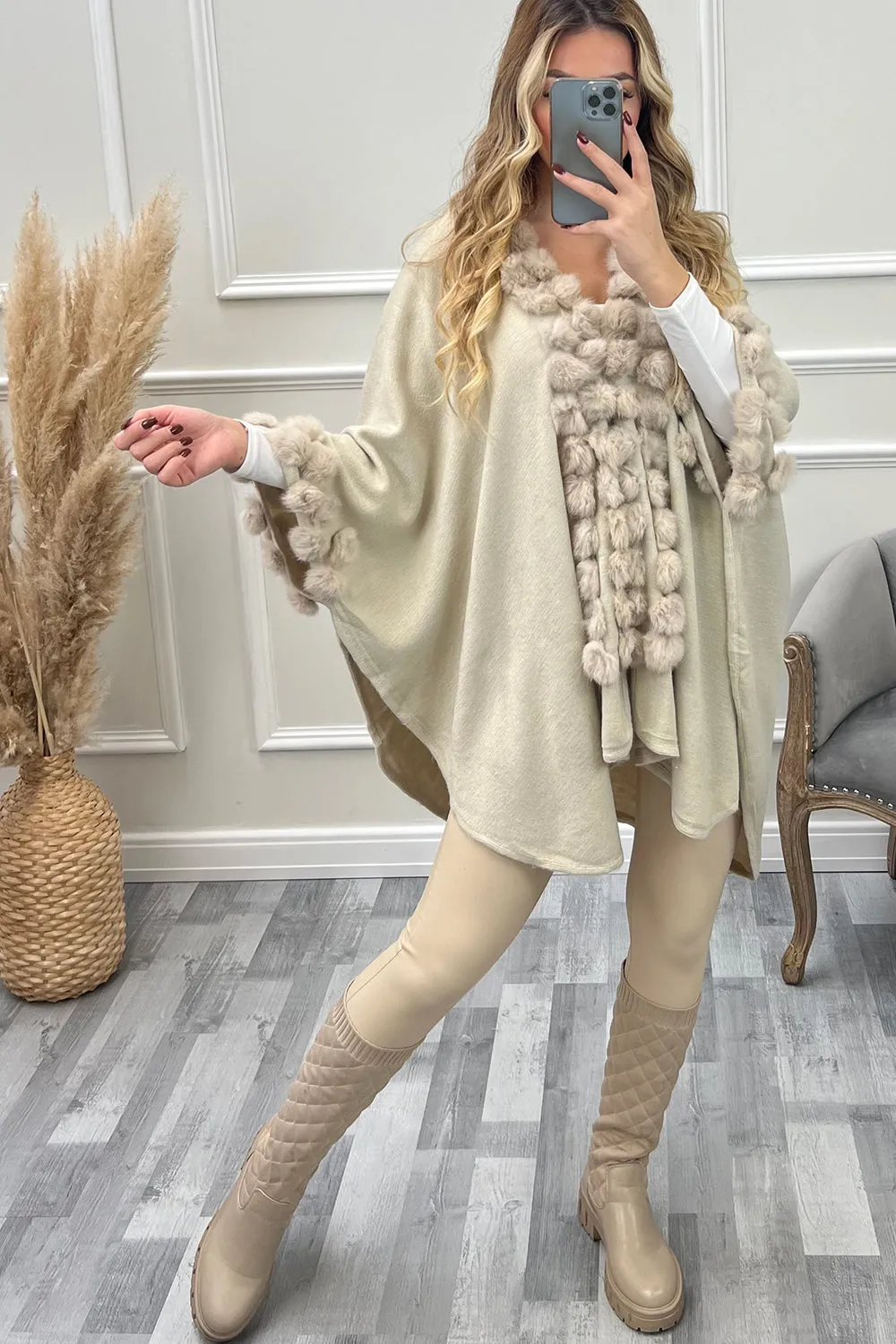 Ellison Beige Bobble Fur Trim Open Cape