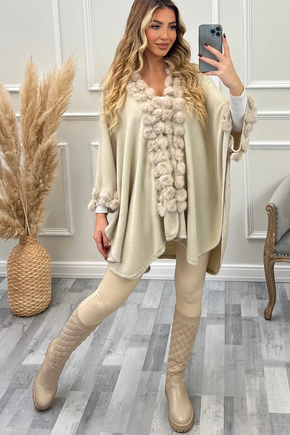 Ellison Beige Bobble Fur Trim Open Cape