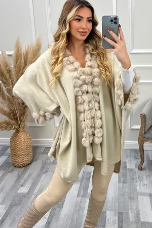 Ellison Beige Bobble Fur Trim Open Cape