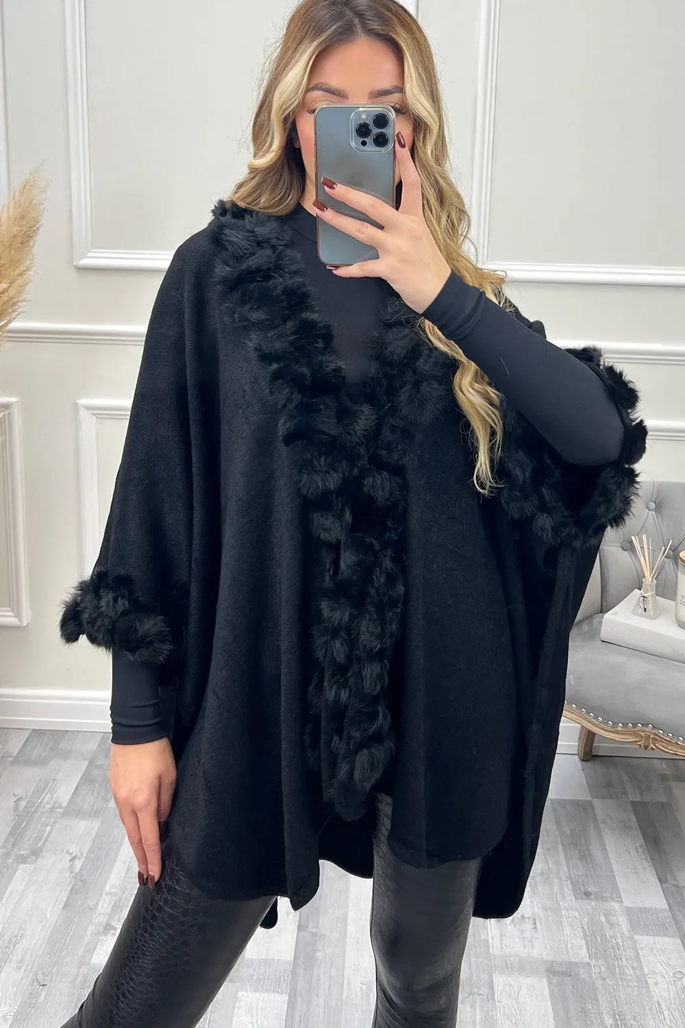 Ellison Black Bobble Fur Trim Open Cape