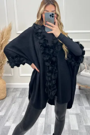 Ellison Black Bobble Fur Trim Open Cape