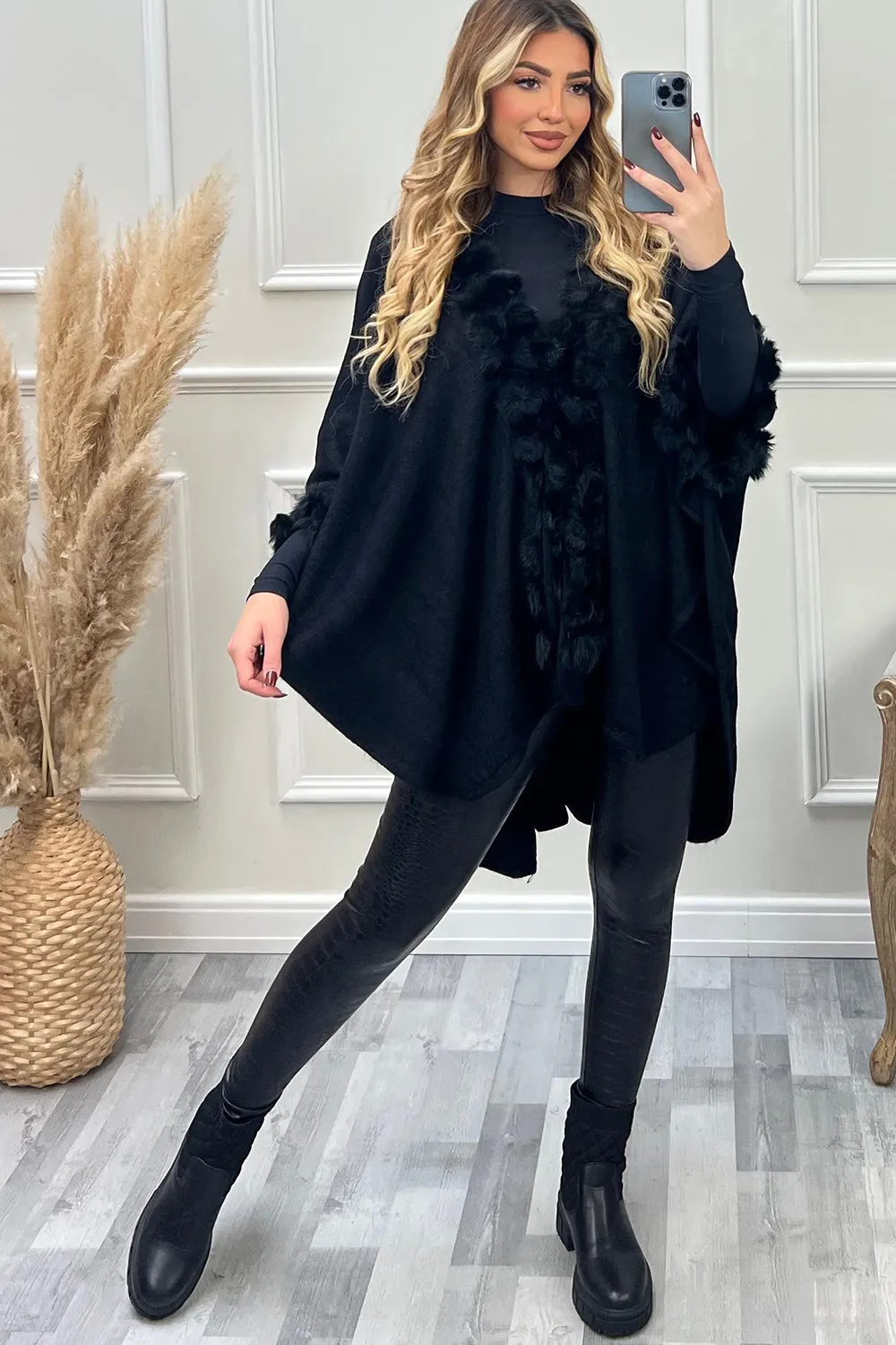 Ellison Black Bobble Fur Trim Open Cape