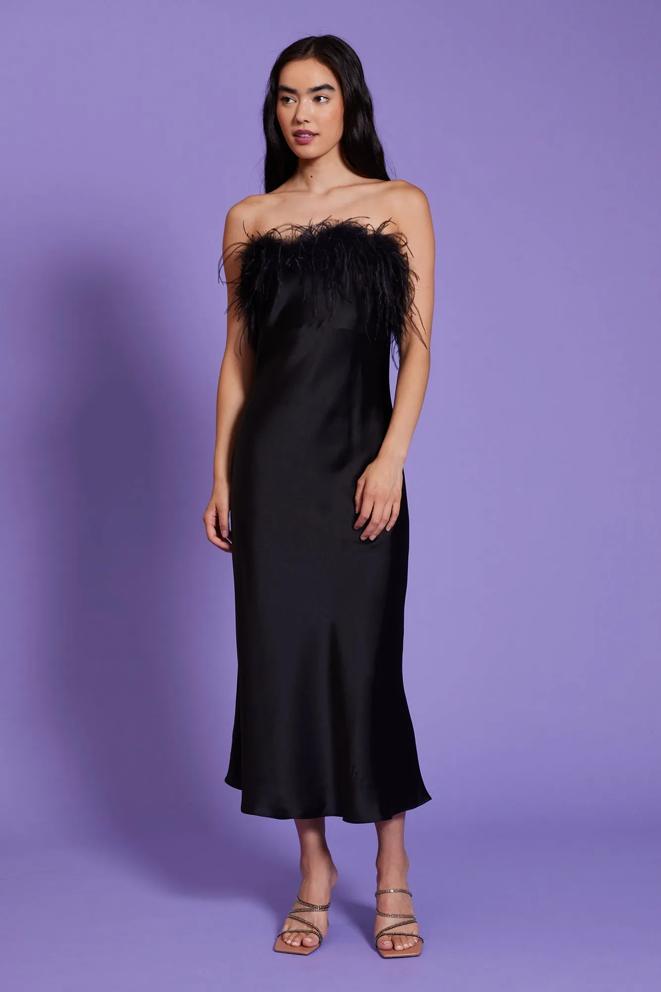Flora Feather Slip Dress - Black