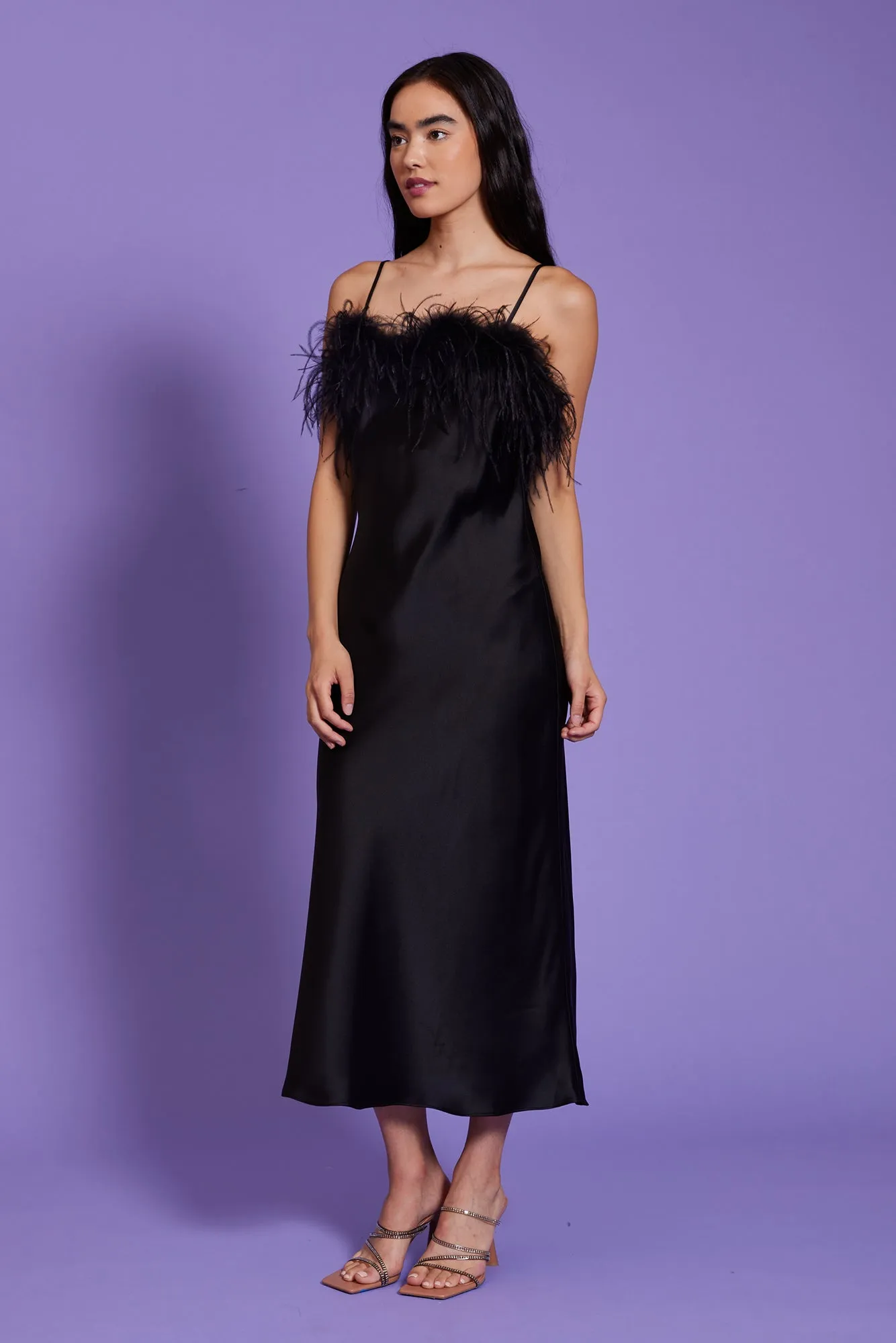 Flora Feather Slip Dress - Black