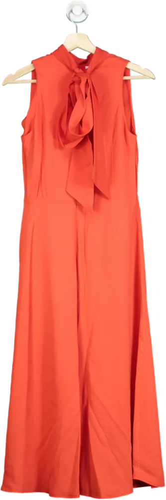 Karen Millen Tomato Red Petite Compact Stretch Viscose Tailored High Neck Tie Detail Midi Dress UK 4