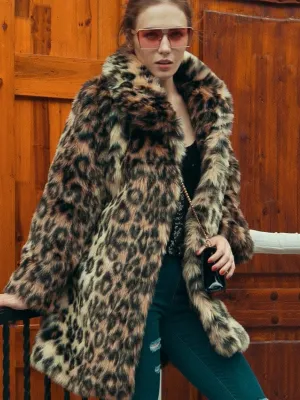 Leopard Faux Fur Coat Women Winter Coat Turndown Collar Fluffy Coat