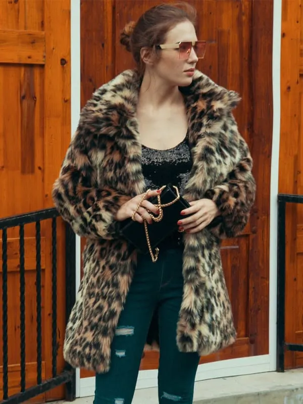 Leopard Faux Fur Coat Women Winter Coat Turndown Collar Fluffy Coat