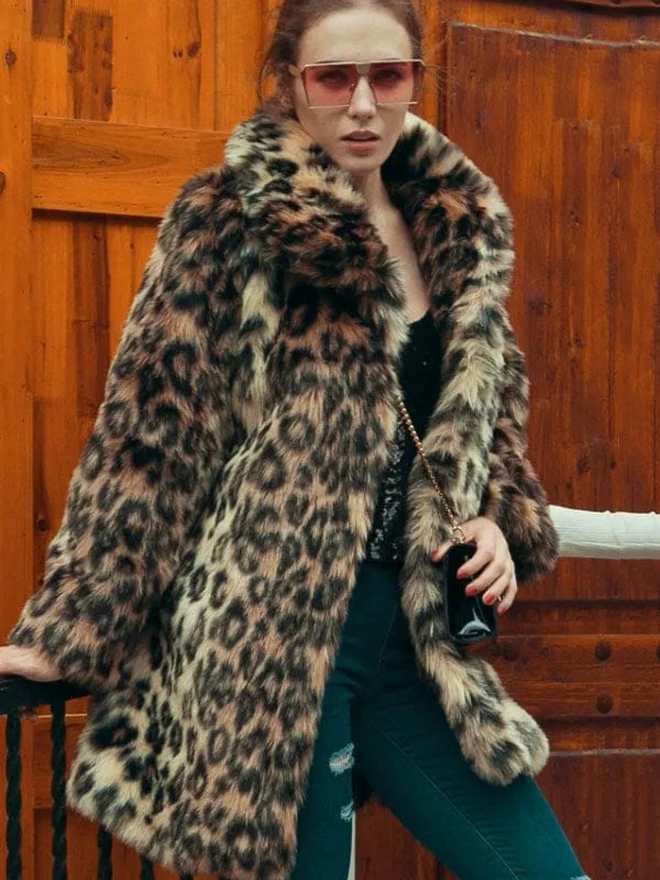 Leopard Faux Fur Coat Women Winter Coat Turndown Collar Fluffy Coat