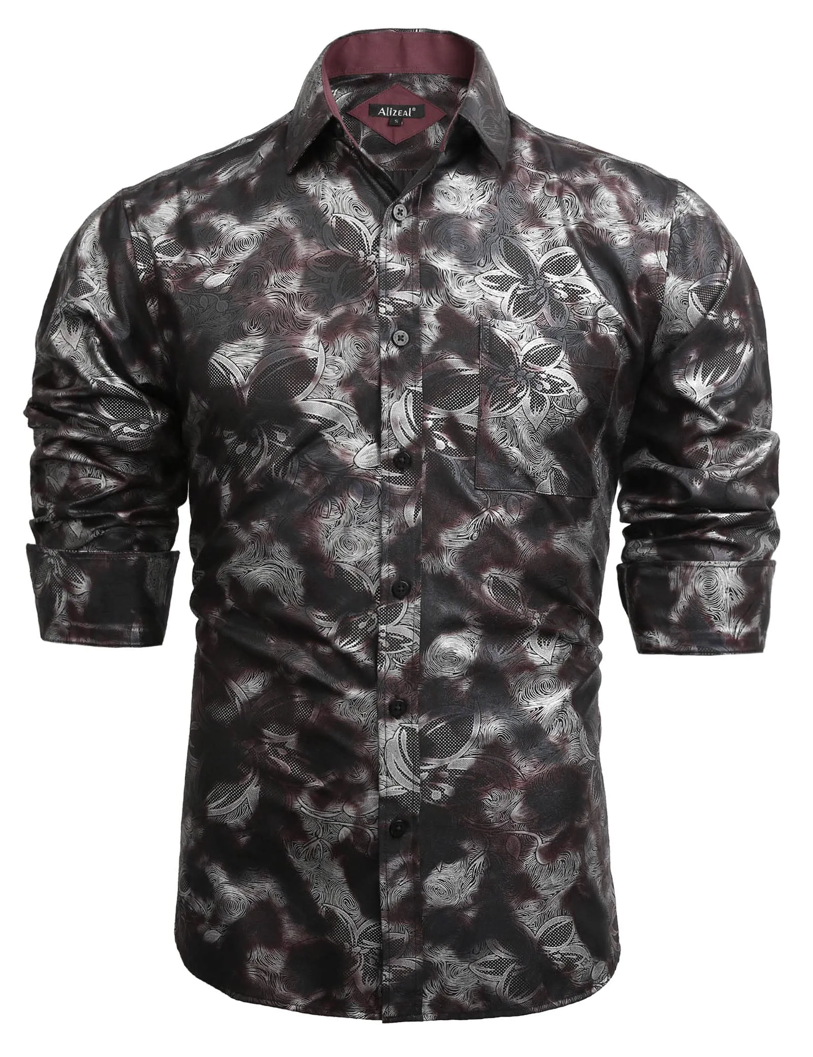 Men's Lapel Bronzing Shirt Casual Slim Fit Shiny Pattern Button-Down Long Sleeve Shirt, 009-Maroon Flower
