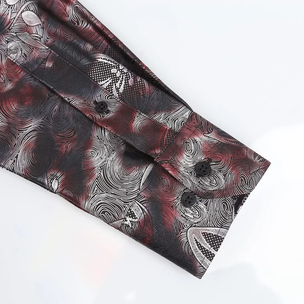 Men's Lapel Bronzing Shirt Casual Slim Fit Shiny Pattern Button-Down Long Sleeve Shirt, 009-Maroon Flower
