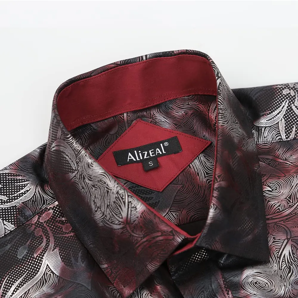 Men's Lapel Bronzing Shirt Casual Slim Fit Shiny Pattern Button-Down Long Sleeve Shirt, 009-Maroon Flower
