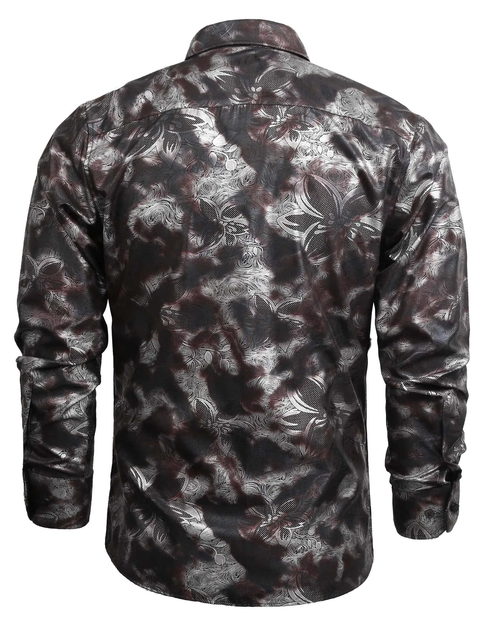Men's Lapel Bronzing Shirt Casual Slim Fit Shiny Pattern Button-Down Long Sleeve Shirt, 009-Maroon Flower