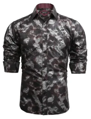 Men's Lapel Bronzing Shirt Casual Slim Fit Shiny Pattern Button-Down Long Sleeve Shirt, 009-Maroon Flower