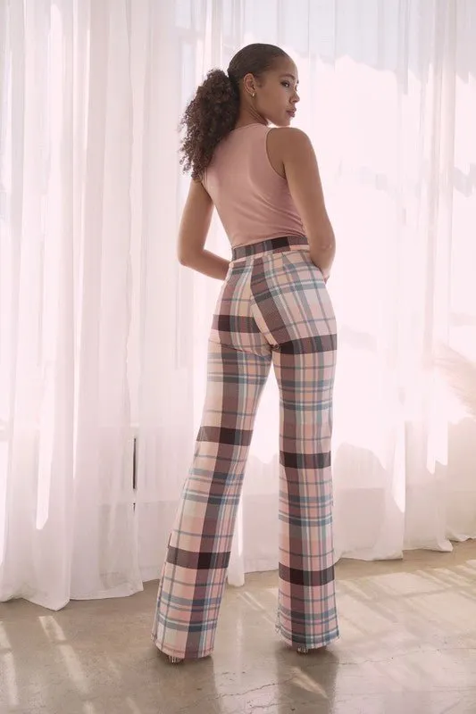 PLAID HIGH WAISTED PANT- Mauve Combo