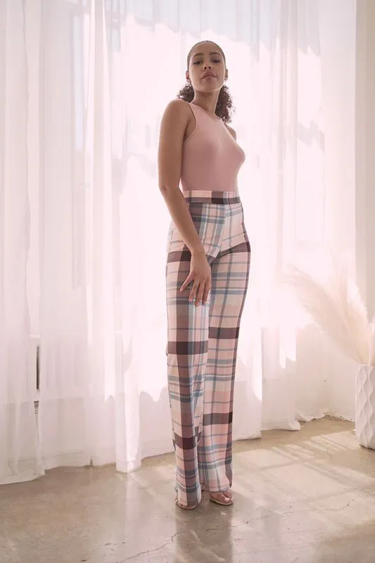 PLAID HIGH WAISTED PANT- Mauve Combo