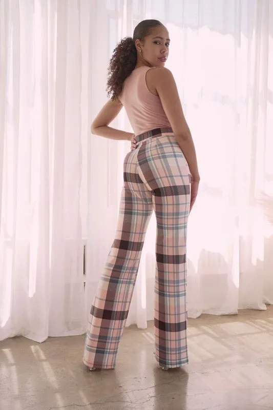 PLAID HIGH WAISTED PANT- Mauve Combo