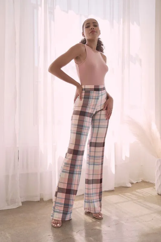 PLAID HIGH WAISTED PANT- Mauve Combo