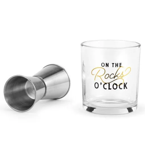 "On The Rocks O'Clock" Whiskey Glass & Jigger Set