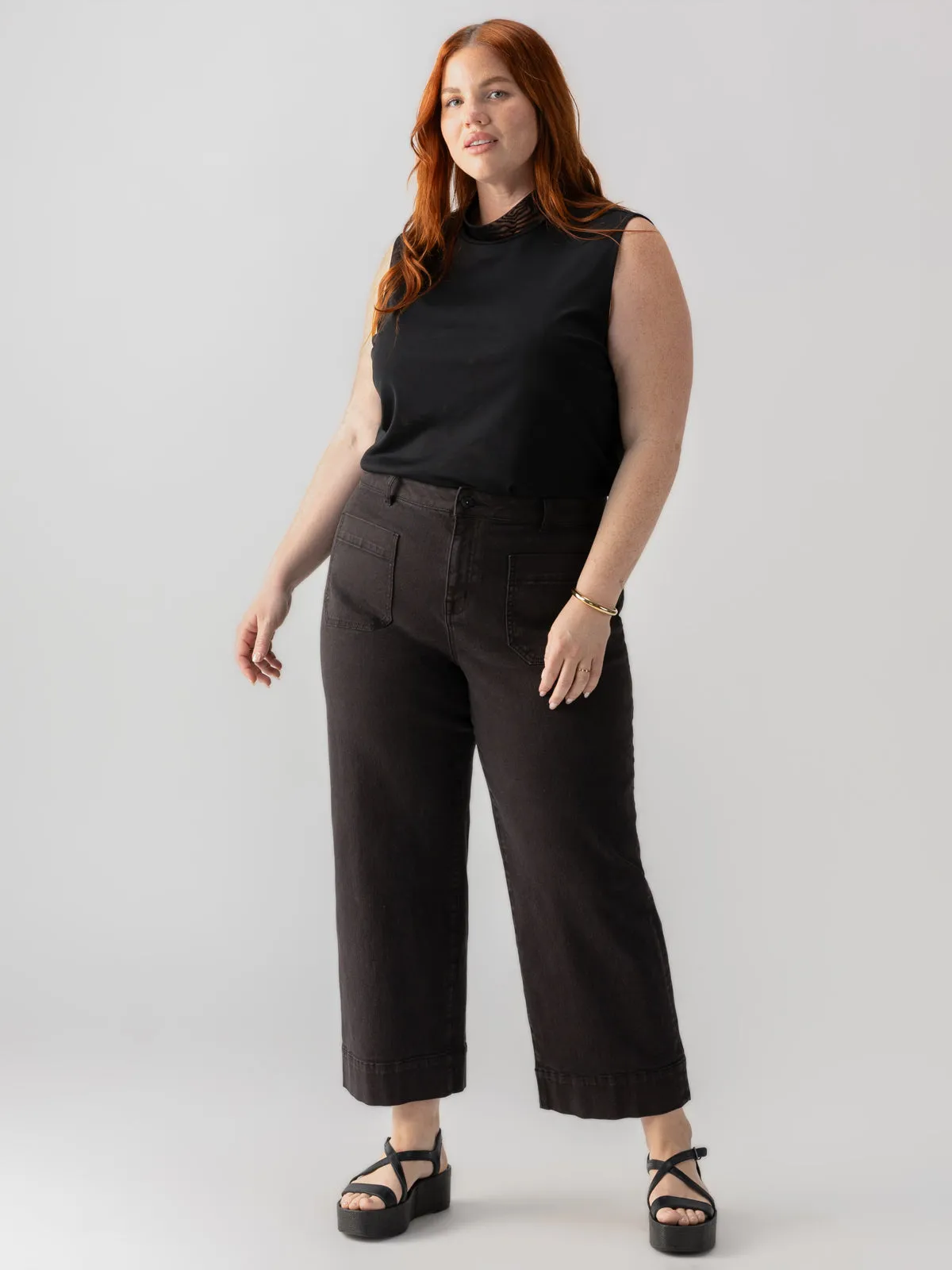 Shirred Neck Mesh Tank Black Inclusive Collection