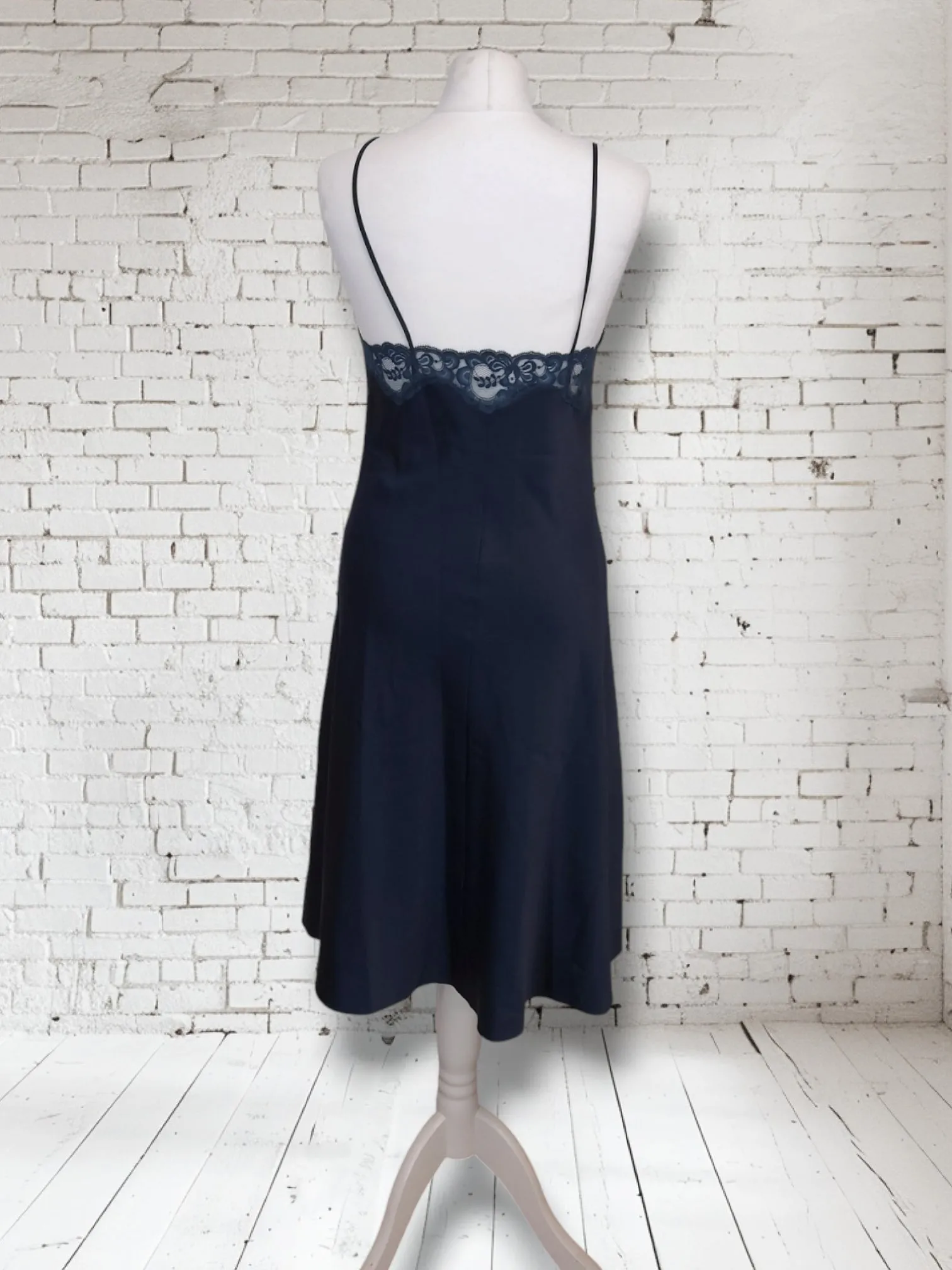 Vintage Navy 1960s St Michaels Satin Slip Lingerie Dress UK 12