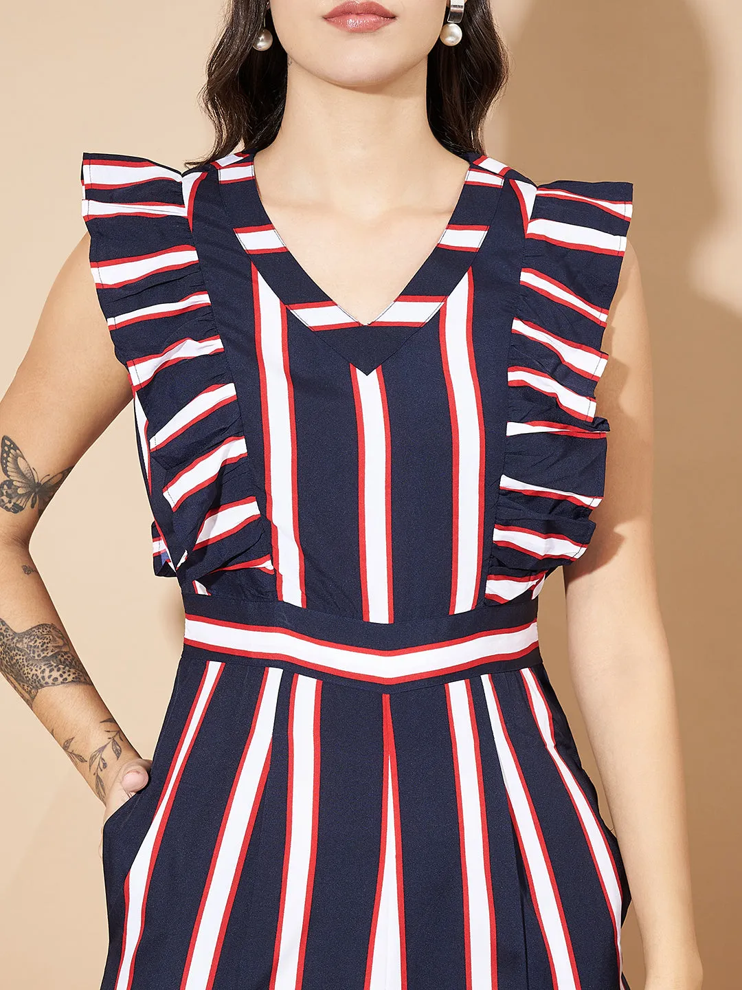 Women Striped Basic Jumpsuit With Ruffles Sleeves