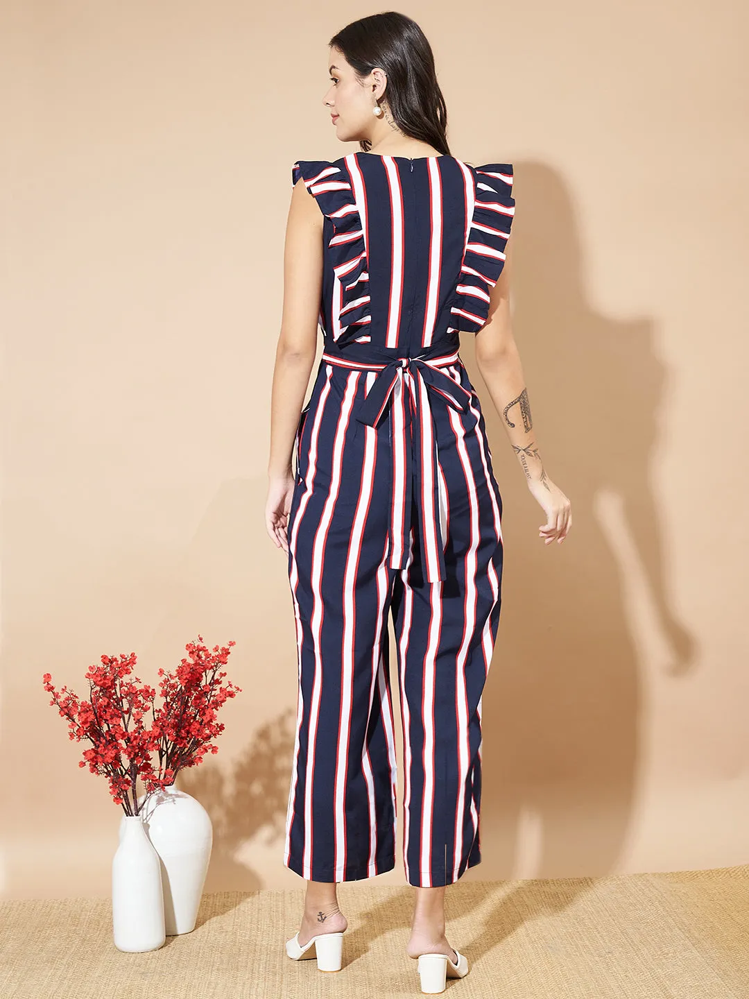 Women Striped Basic Jumpsuit With Ruffles Sleeves