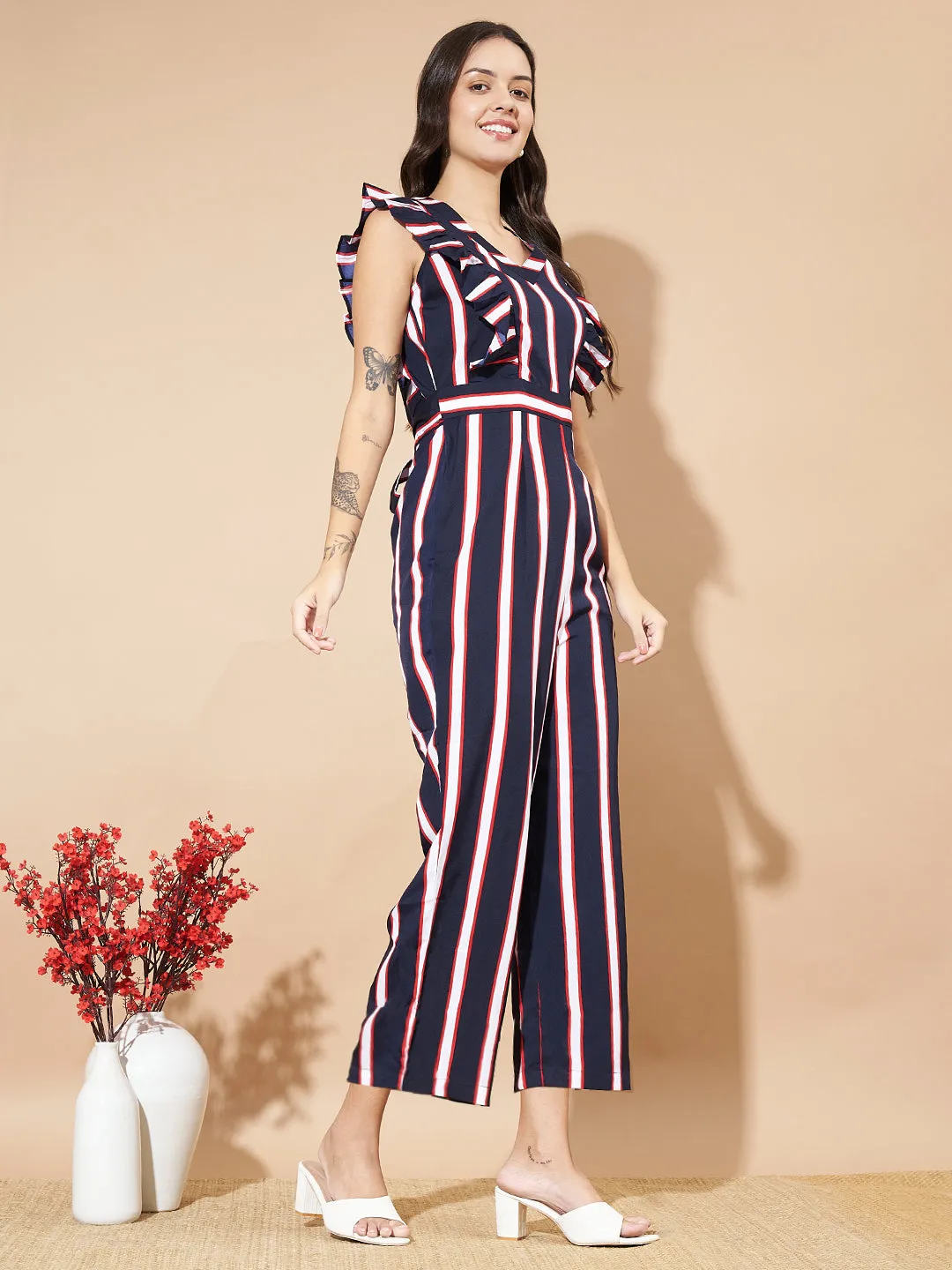 Women Striped Basic Jumpsuit With Ruffles Sleeves