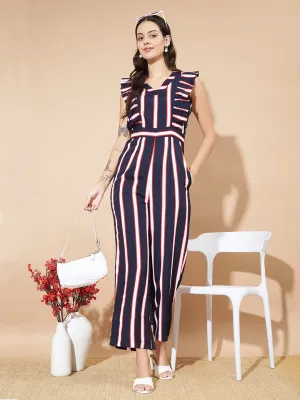 Women Striped Basic Jumpsuit With Ruffles Sleeves