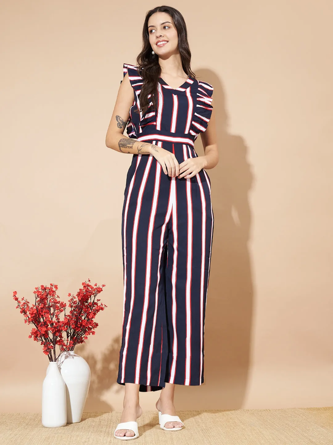 Women Striped Basic Jumpsuit With Ruffles Sleeves