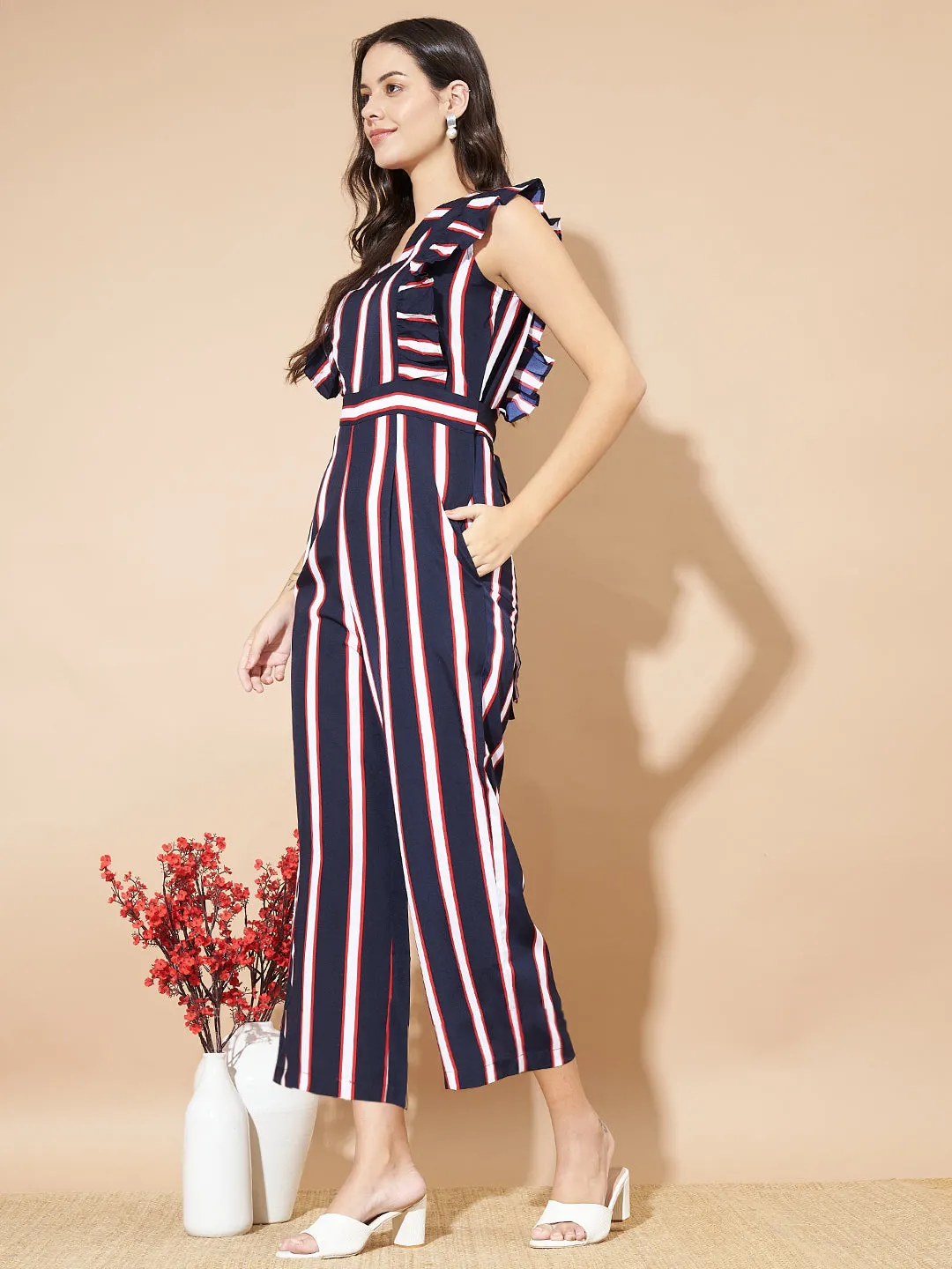 Women Striped Basic Jumpsuit With Ruffles Sleeves